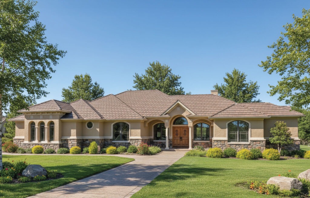 Exterior of The Bellaire luxury home featuring stone accents and arched windows.