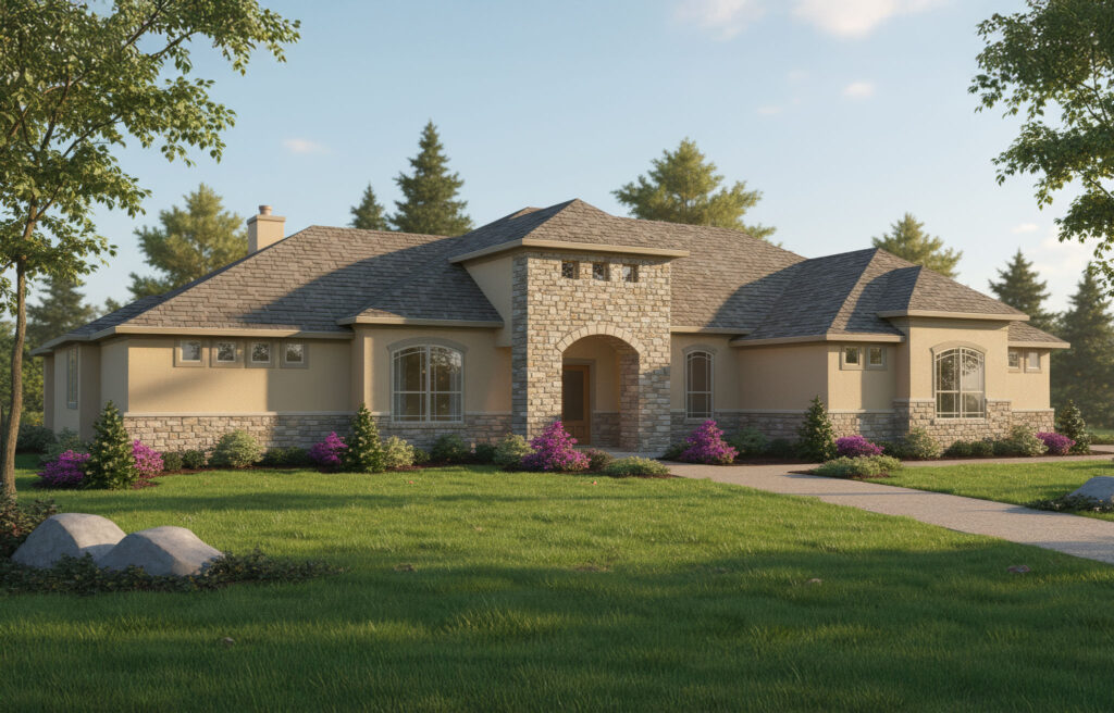 Front elevation of The Blanco floor plan with stone accents and arched entryway.