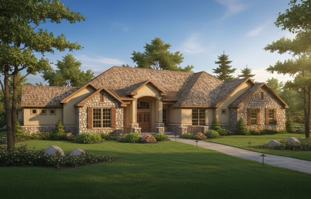 Exterior of The Boerne ranch-style home plan featuring stone masonry and tile roof.