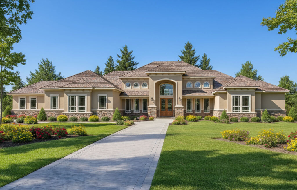 Exterior of The Brookshire luxury ranch home with stone and stucco facade.