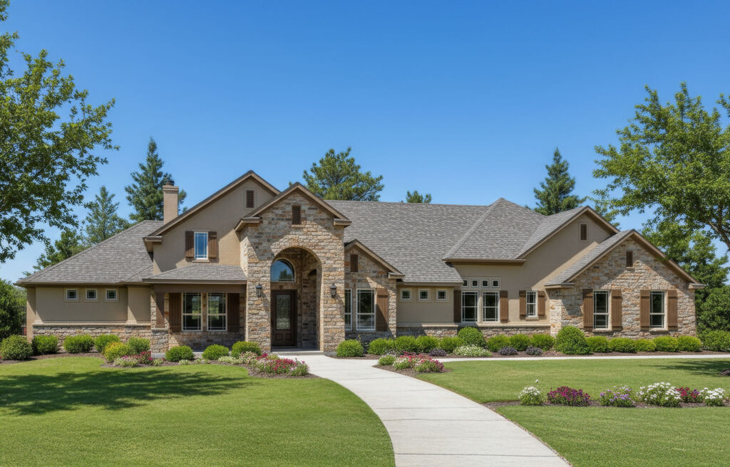 Exterior of The Bulverde home featuring stone accents and a curved front walkway.