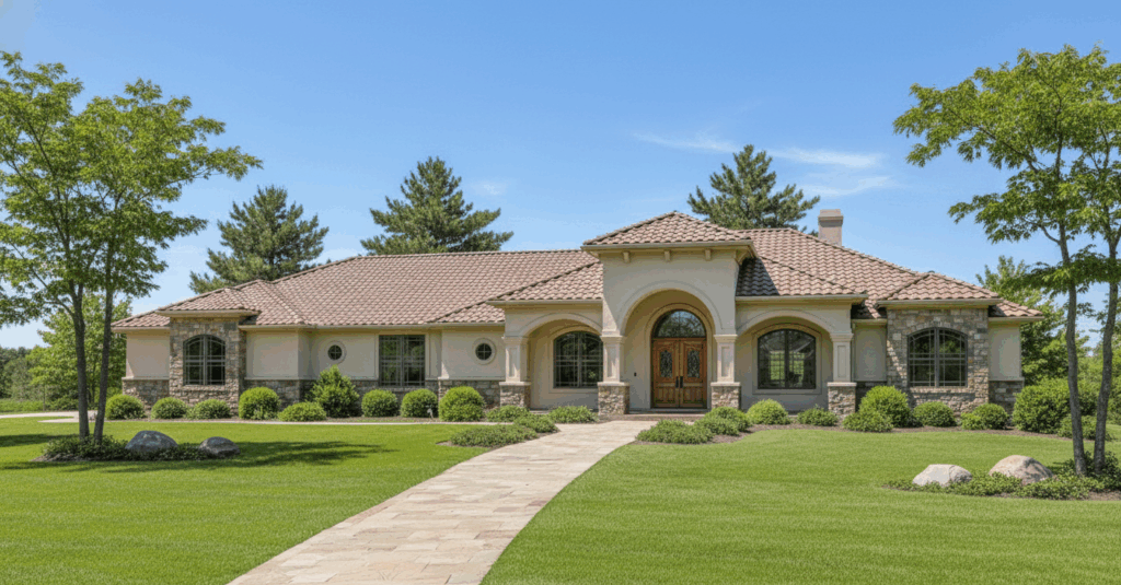 Exterior of The Camden floor plan featuring Mediterranean architecture and stone masonry.