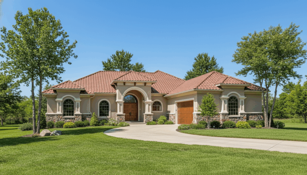 Front exterior of The Cibolo floor plan featuring a red tile roof and stone accents.