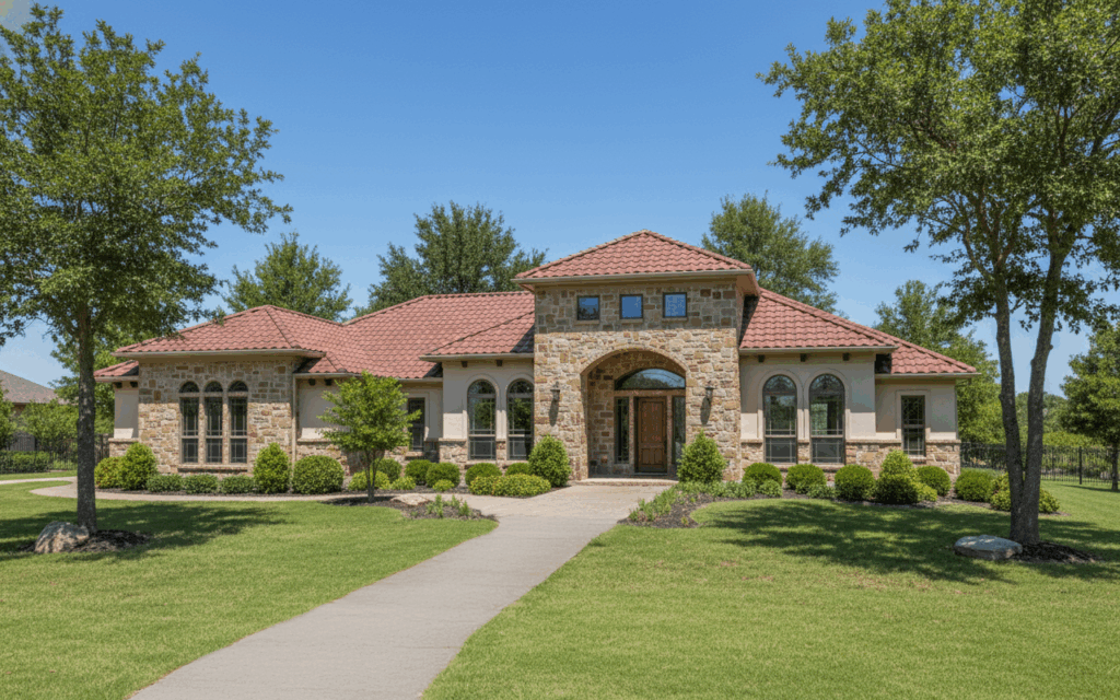 Dominion floor plan home exterior in daylight — modern 4 bed, 3 bath custom design with covered porches and balcony by Sierra Classic Custom Homes
