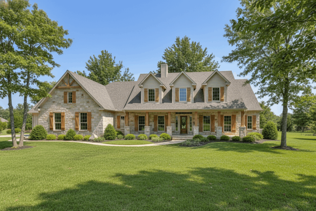 Fredericksburg floor plan home exterior in daylight — modern 3 bed, 2.5 bath custom design with covered front and rear porches by Sierra Classic Custom Homes