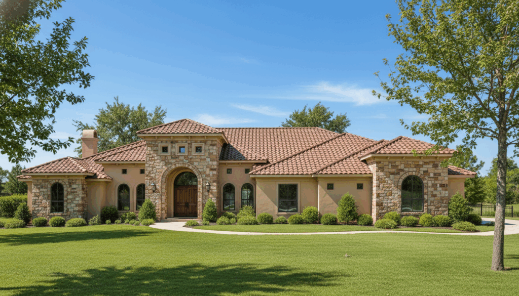 Medina floor plan home exterior in daylight — modern 3 bed, 3 bath custom design with study, 3-car garage and covered porches by Sierra Classic Custom Homes