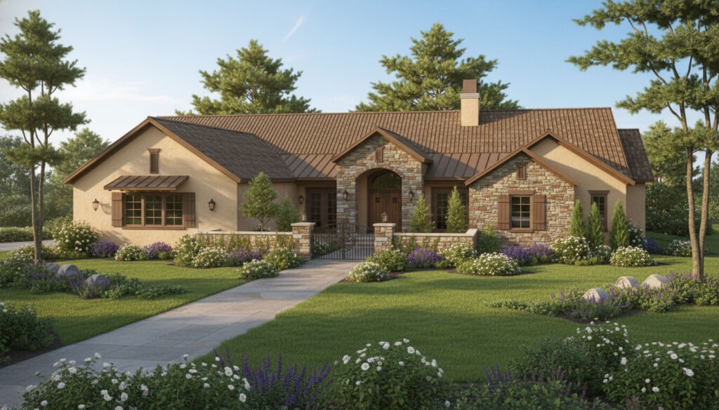 Exterior view of The Nacogdoches home with stone facade and manicured landscaping.