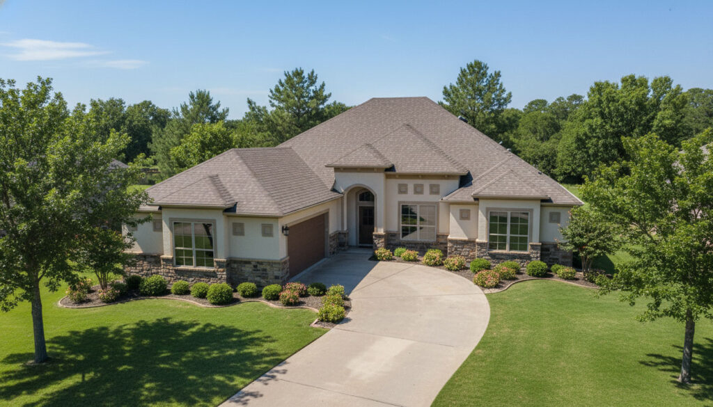 Exterior of The Pinehurst house with stone accents and a curved driveway.