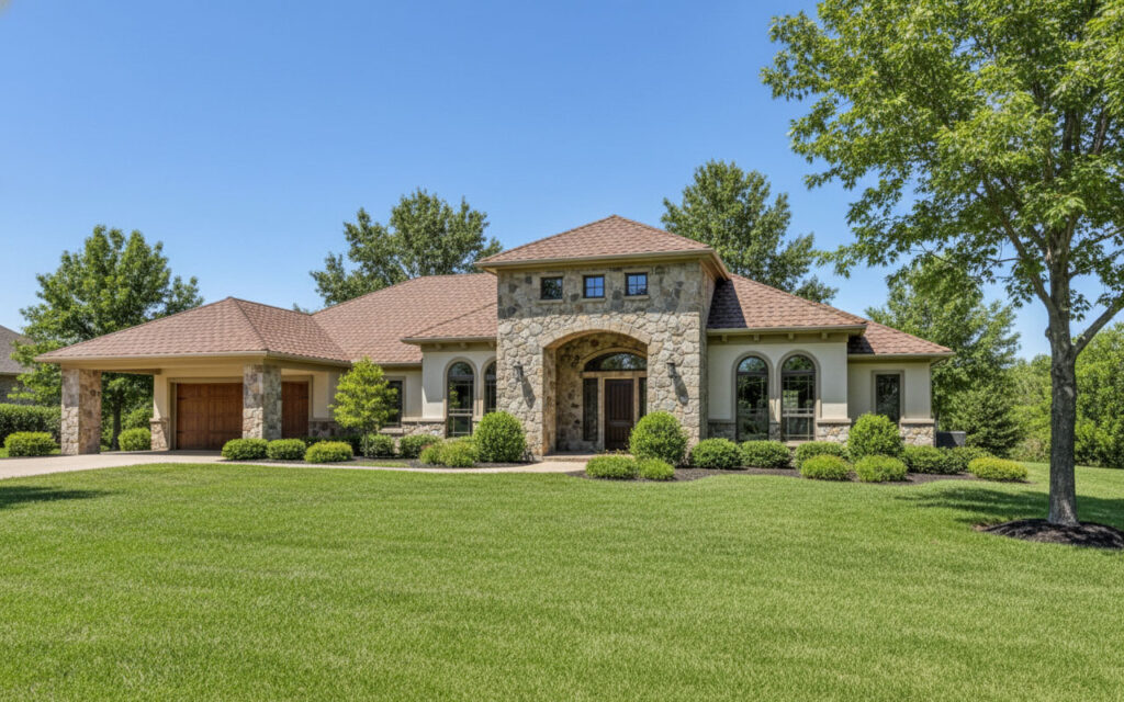 Front exterior of The Presidio floor plan luxury home with stone facade.