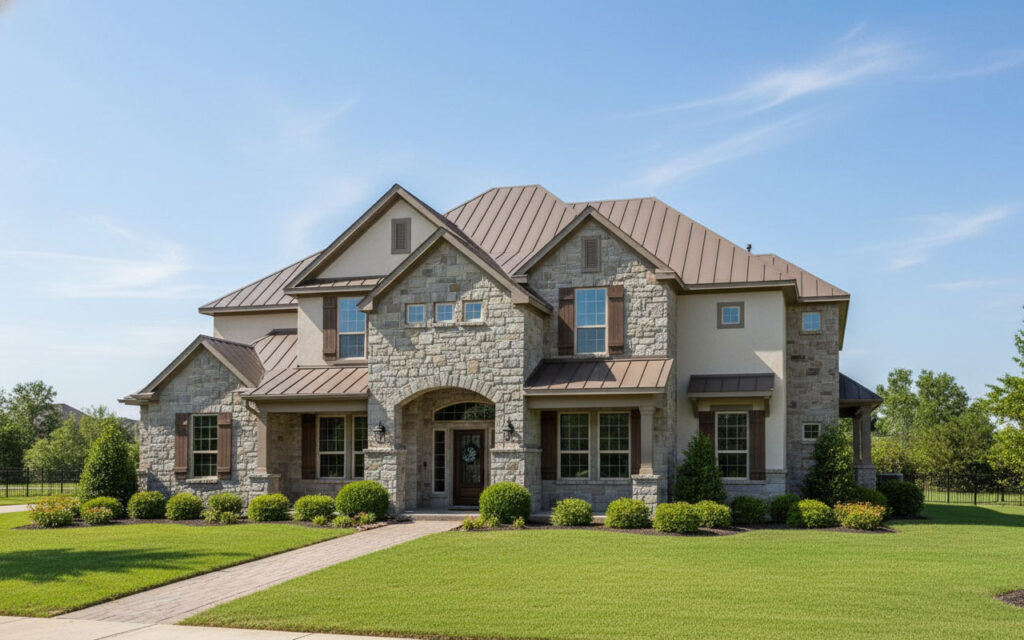 Stone exterior of The Victoria floor plan with a brown metal roof.