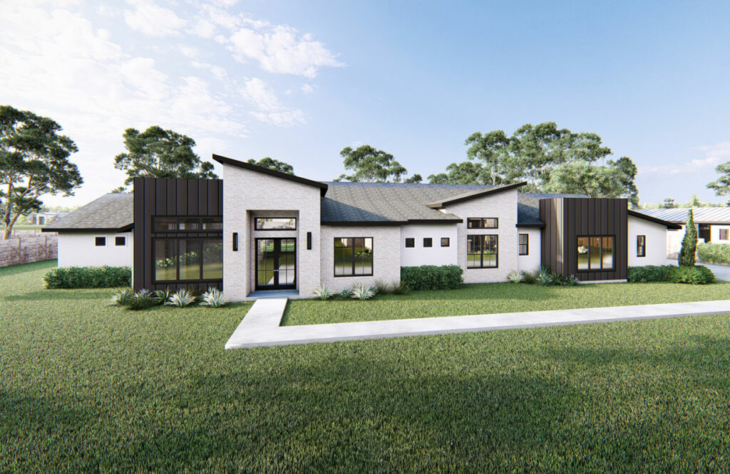 Modern single-story home exterior with white brick and dark metal accents.