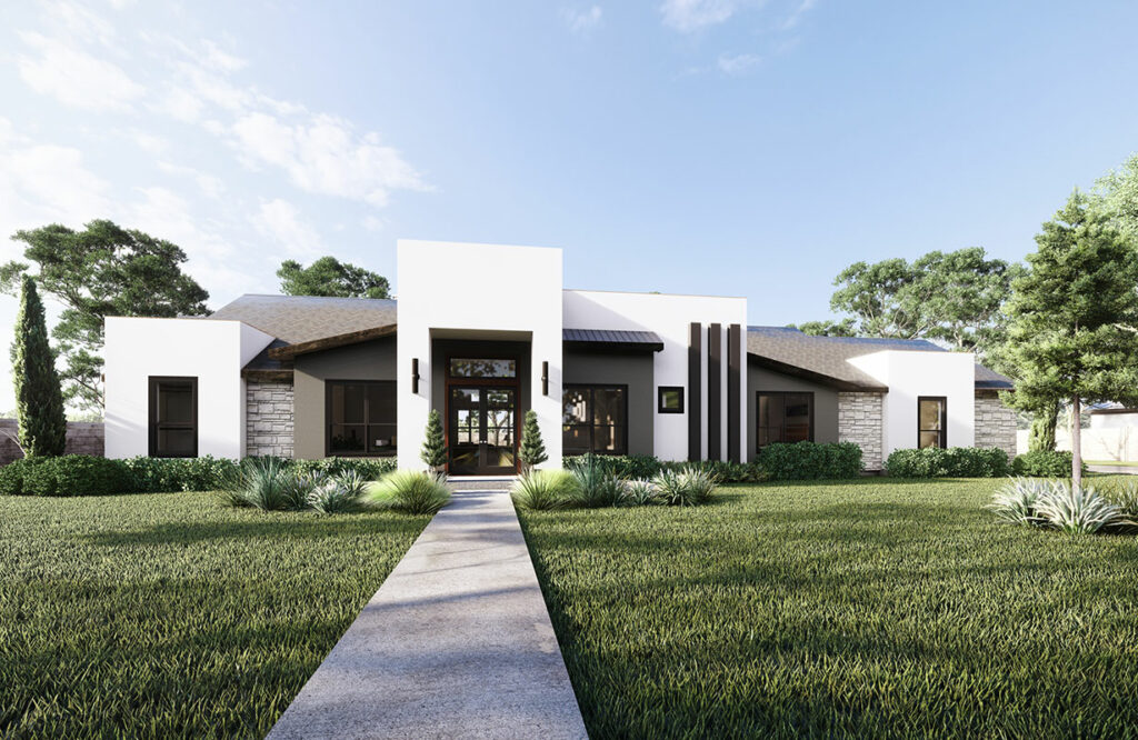 Modern ranch house exterior with white stucco, stone accents, and desert landscaping.