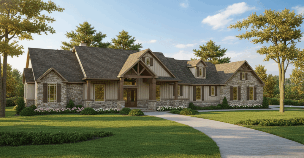 Kerrville custom home exterior at sunset with covered front and rear porches — luxury floor plan by Sierra Classic Custom Homes