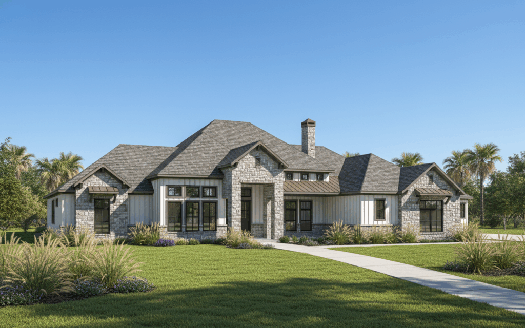 Georgetown floor plan home exterior in daylight — modern 4 bed, 4 bath custom design with study, game room and covered porches by Sierra Classic Custom Homes