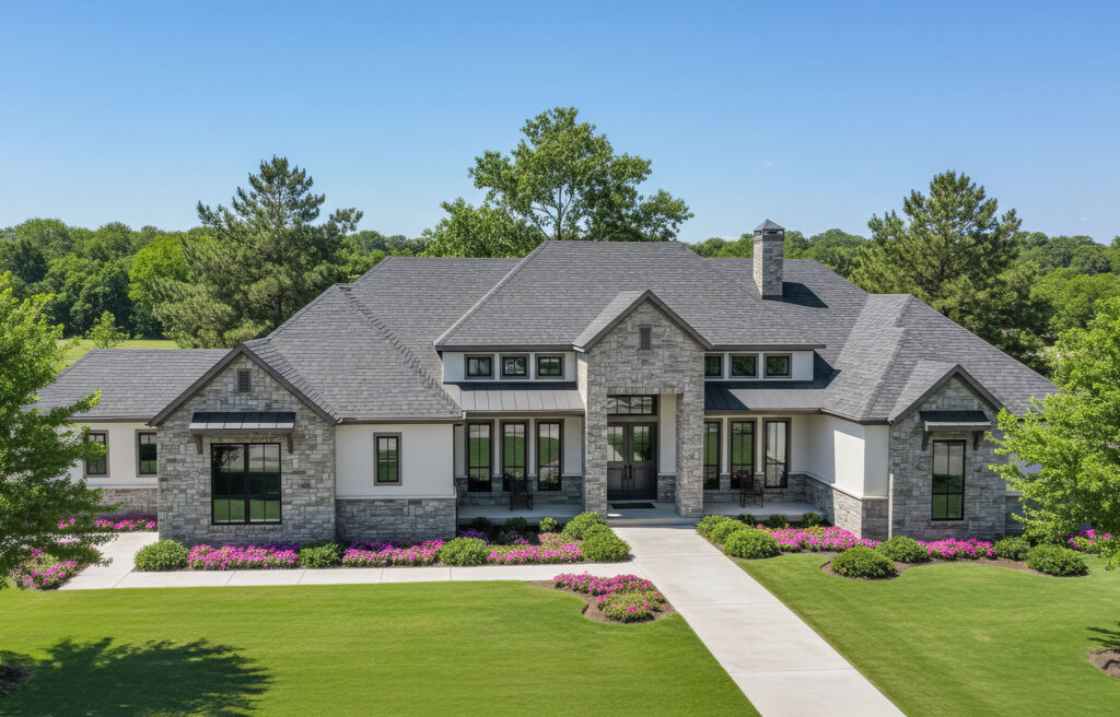Exterior of The Breckenridge floor plan featuring stone facade and manicured landscaping.