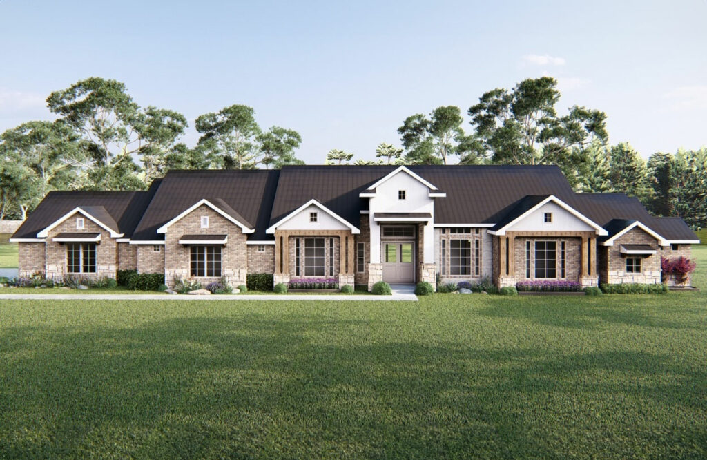 Exterior rendering of the Inspiration Plan 4359 modern farmhouse floor plan.