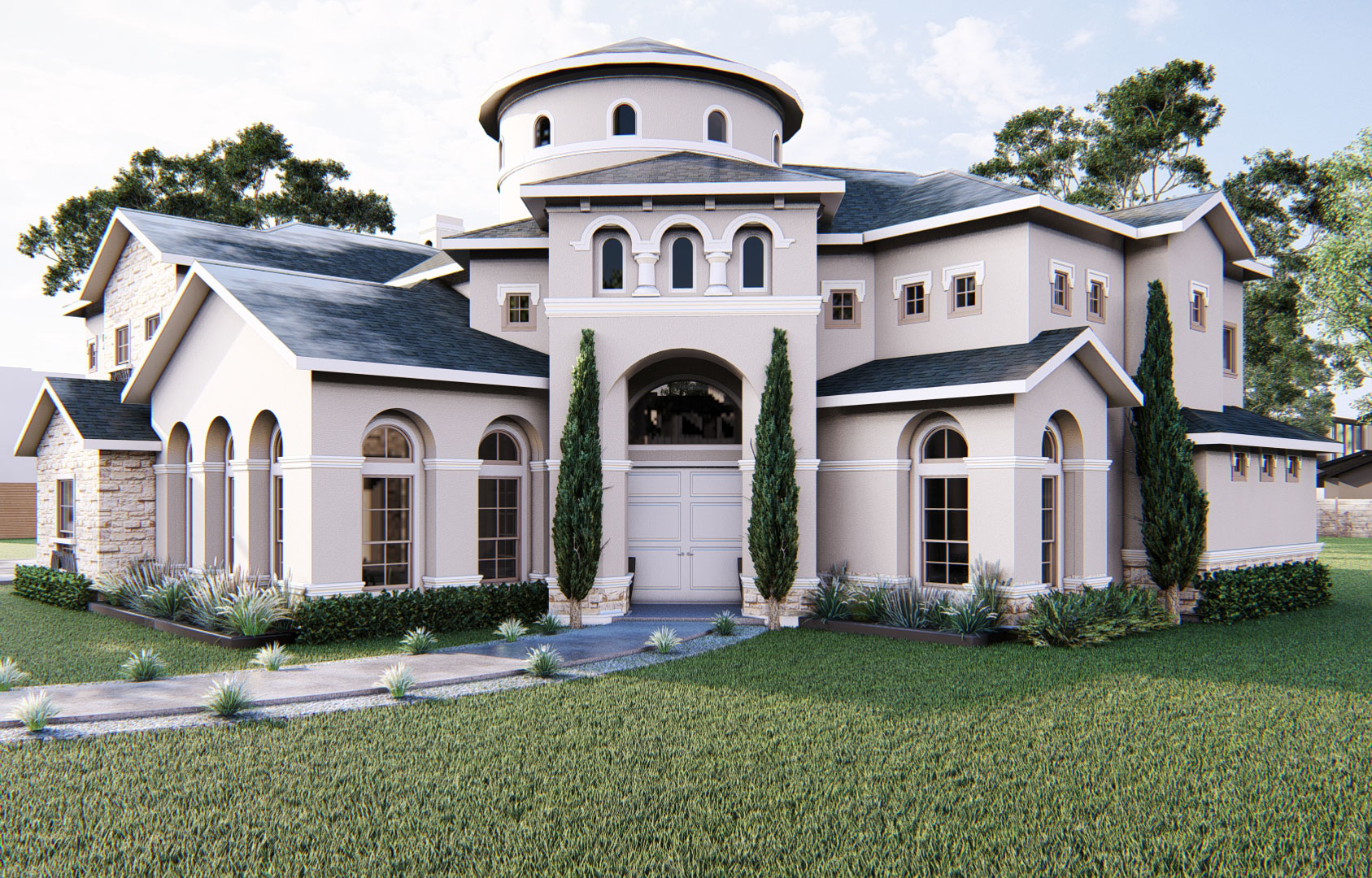 Two-story custom home with a stylish and inviting exterior.