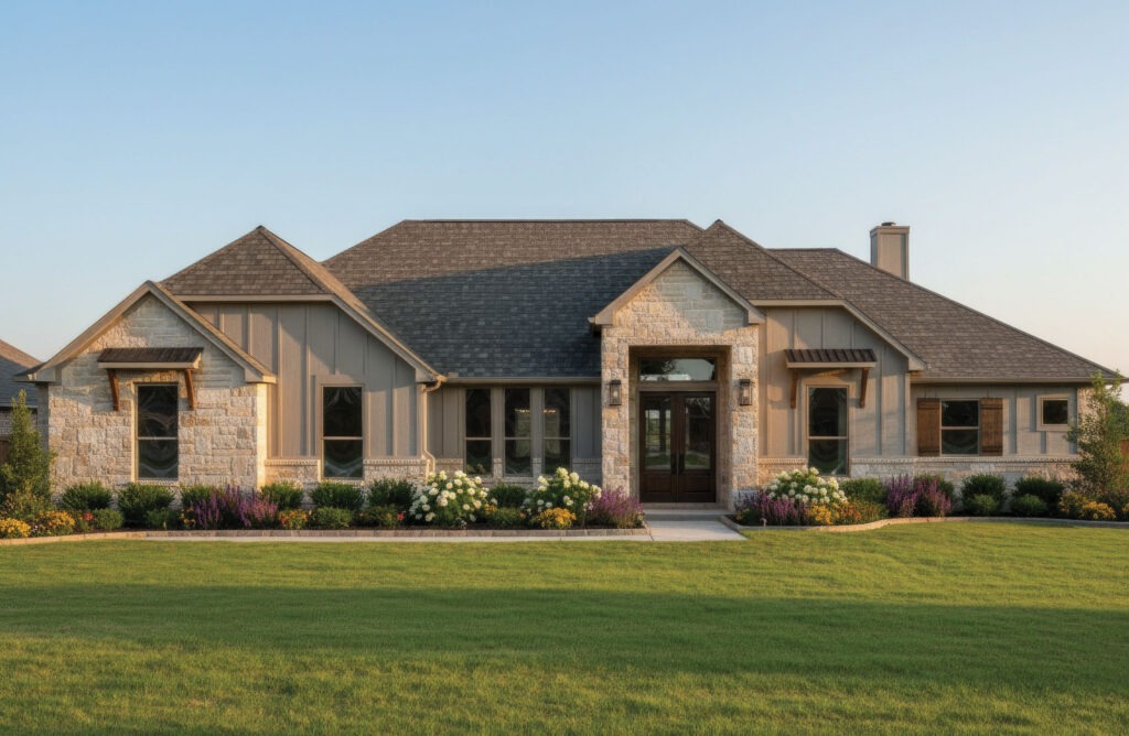 Modern farmhouse exterior with stone masonry and manicured garden landscape.