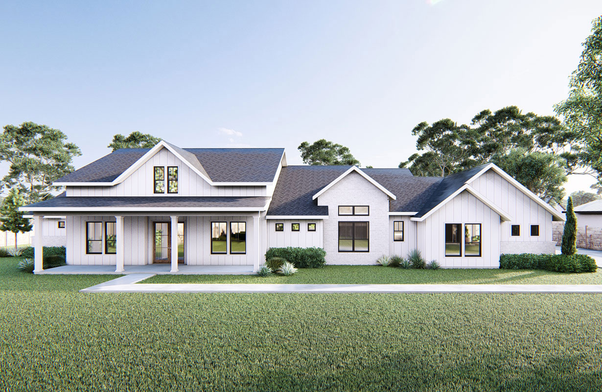 A custom contemporary modern farmhouse using white stone and siding to create a standout Sierra Classic Custom Home. 